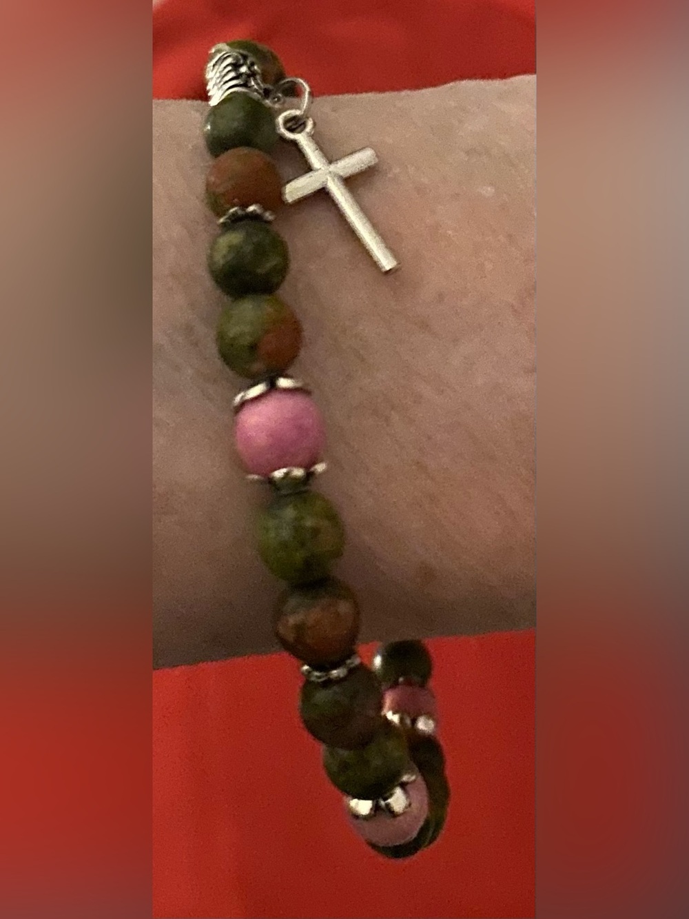 Unakite & Rhodonite crystals with a cross charm bracelet